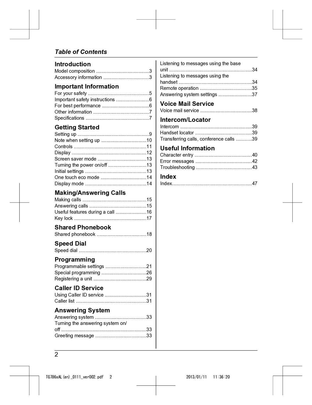 Panasonic KT-TG7861AL operating instructions Table of Contents 