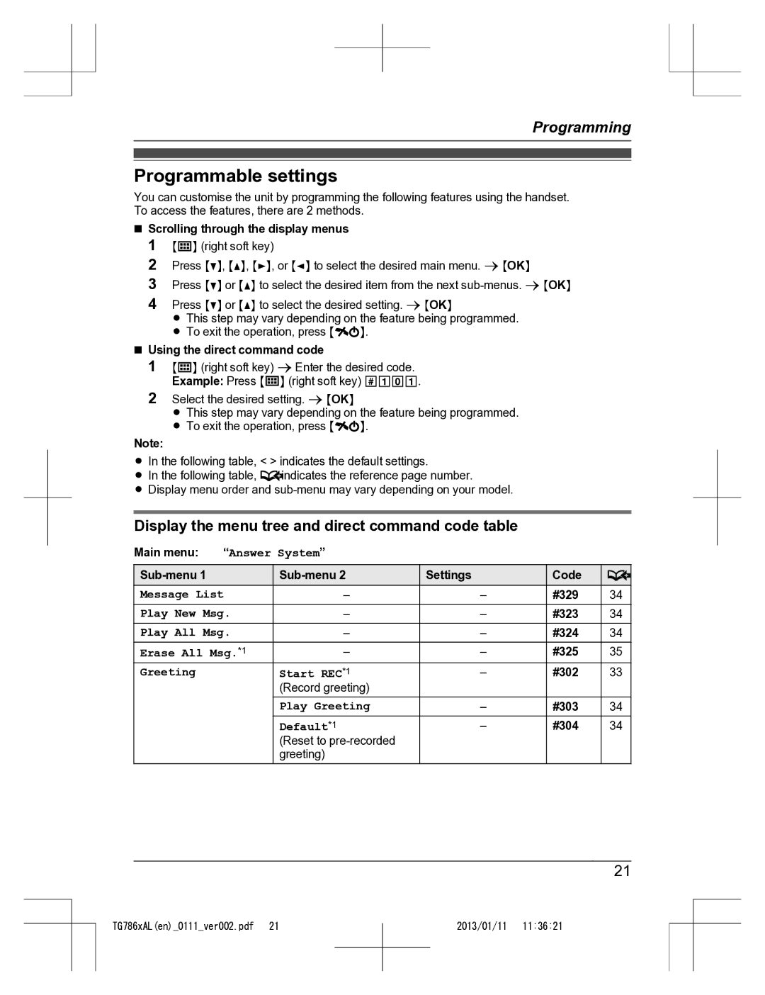 Panasonic KT-TG7861AL operating instructions Programmable settings, Display the menu tree and direct command code table 