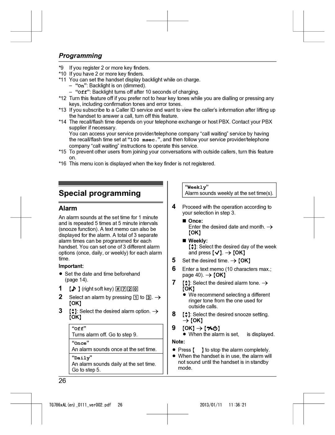 Panasonic KT-TG7861AL operating instructions Special programming, Alarm, Off 