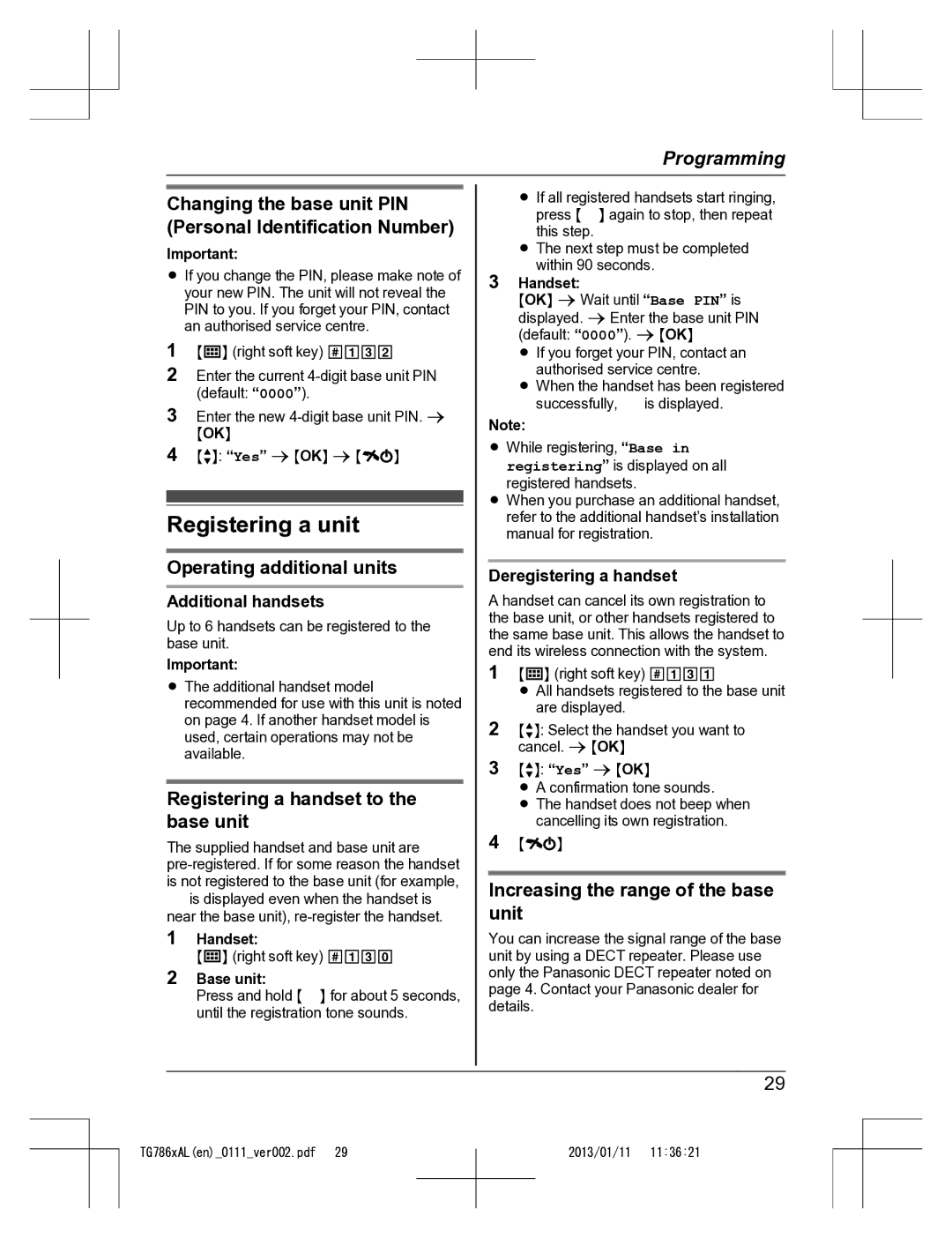 Panasonic KT-TG7861AL operating instructions Registering a unit, Changing the base unit PIN Personal Identification Number 