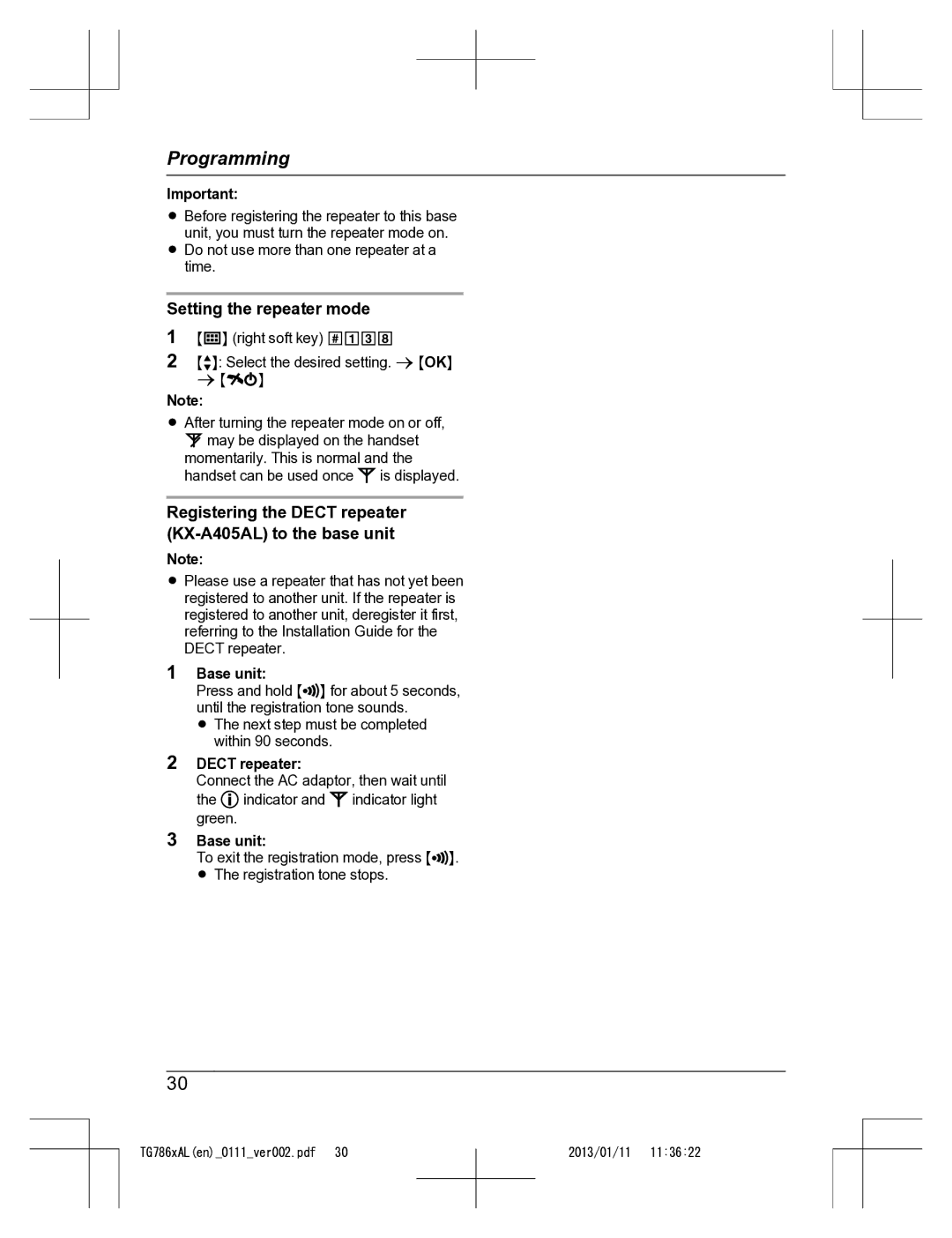 Panasonic KT-TG7861AL operating instructions Setting the repeater mode, Dect repeater 