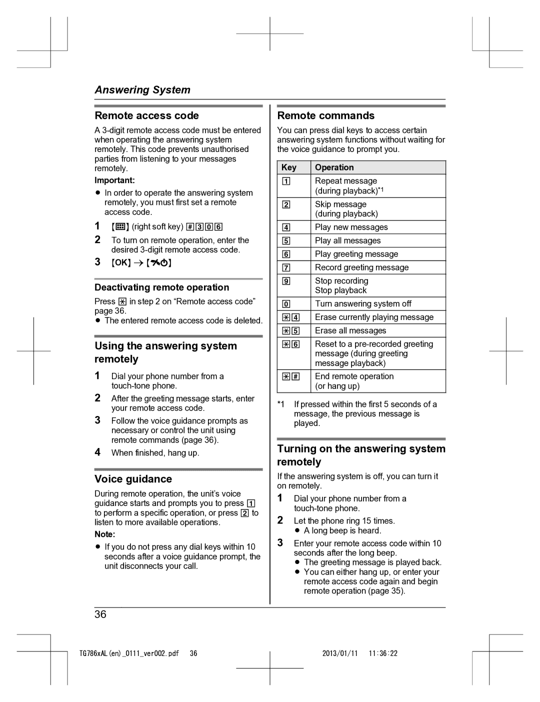 Panasonic KT-TG7861AL Remote access code, Using the answering system remotely, Voice guidance, Remote commands 