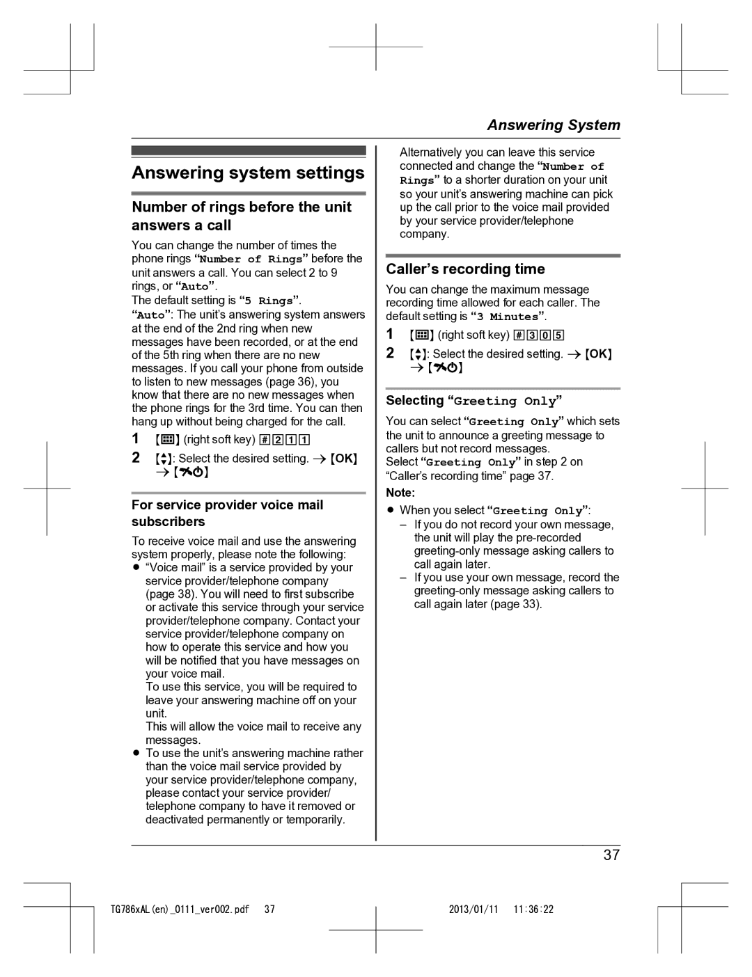 Panasonic KT-TG7861AL Answering system settings, Number of rings before the unit answers a call, Caller’s recording time 