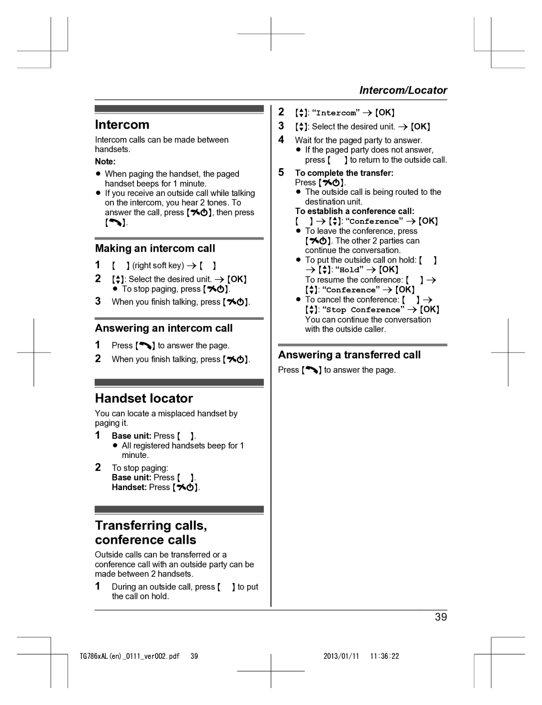 Panasonic KT-TG7861AL operating instructions Intercom, Handset locator, Transferring calls, conference calls 