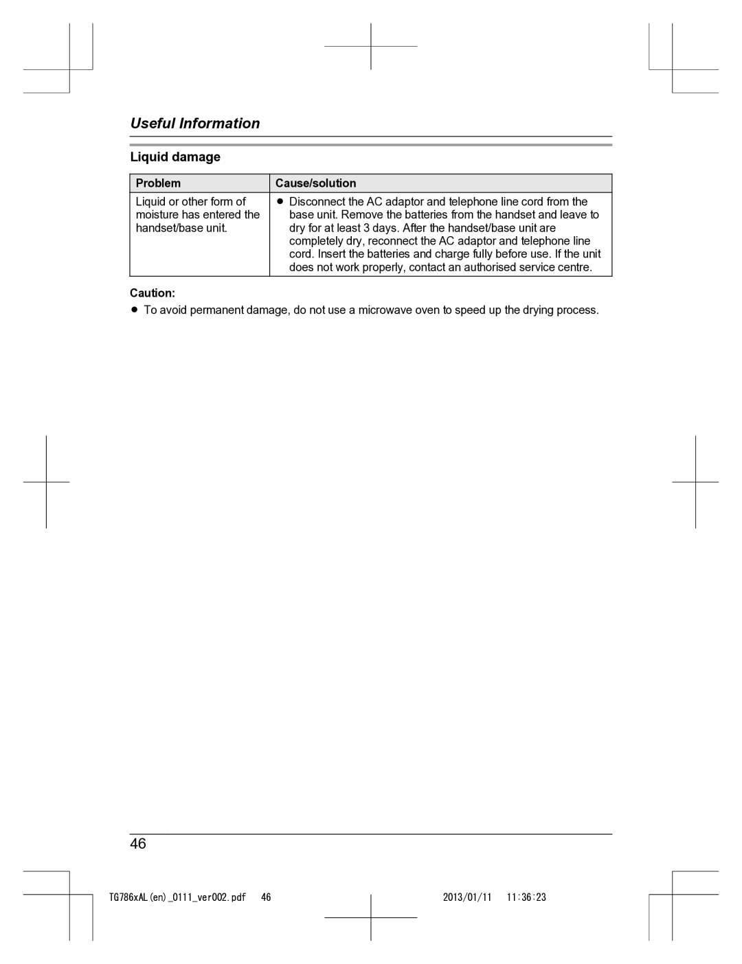 Panasonic KT-TG7861AL operating instructions Liquid damage 