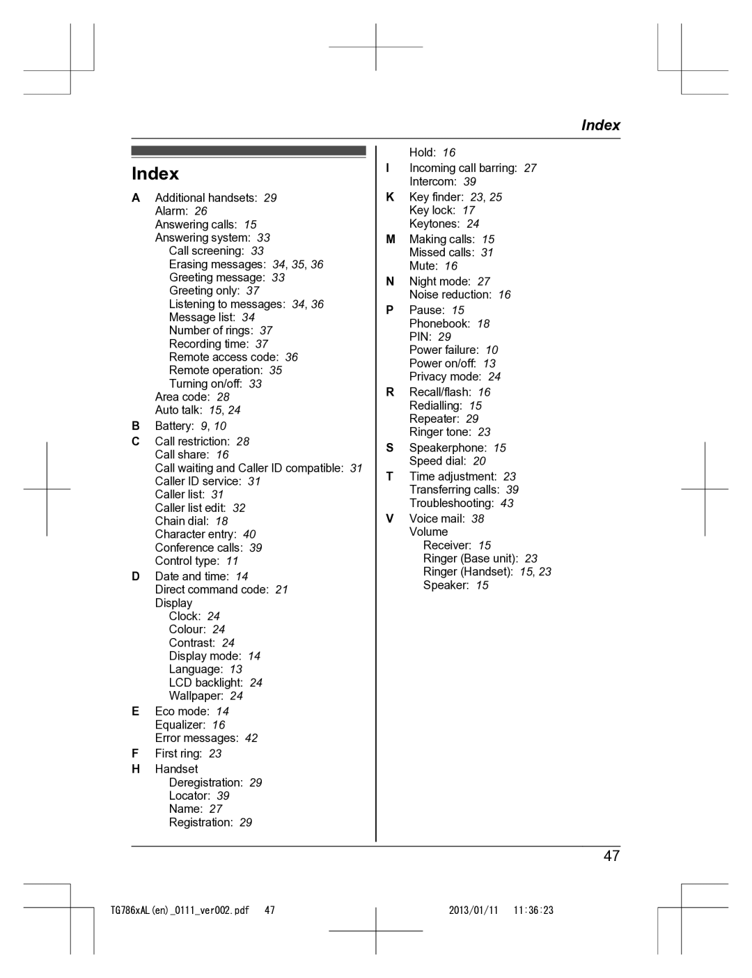 Panasonic KT-TG7861AL operating instructions Index 