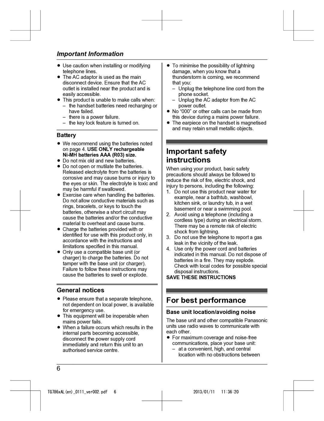 Panasonic KT-TG7861AL operating instructions Important safety instructions, For best performance, General notices, Battery 