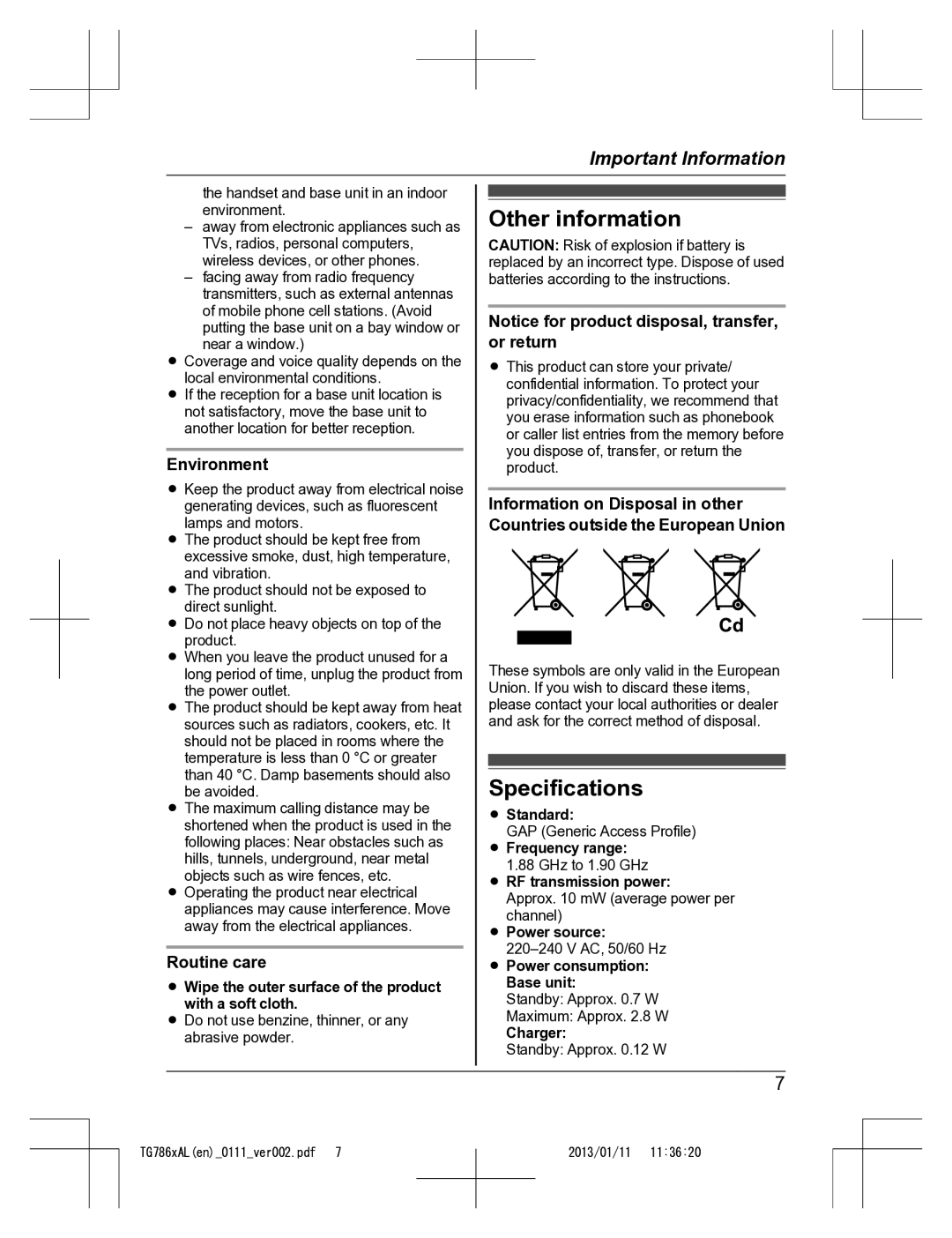 Panasonic KT-TG7861AL operating instructions Other information, Specifications, Environment, Routine care 