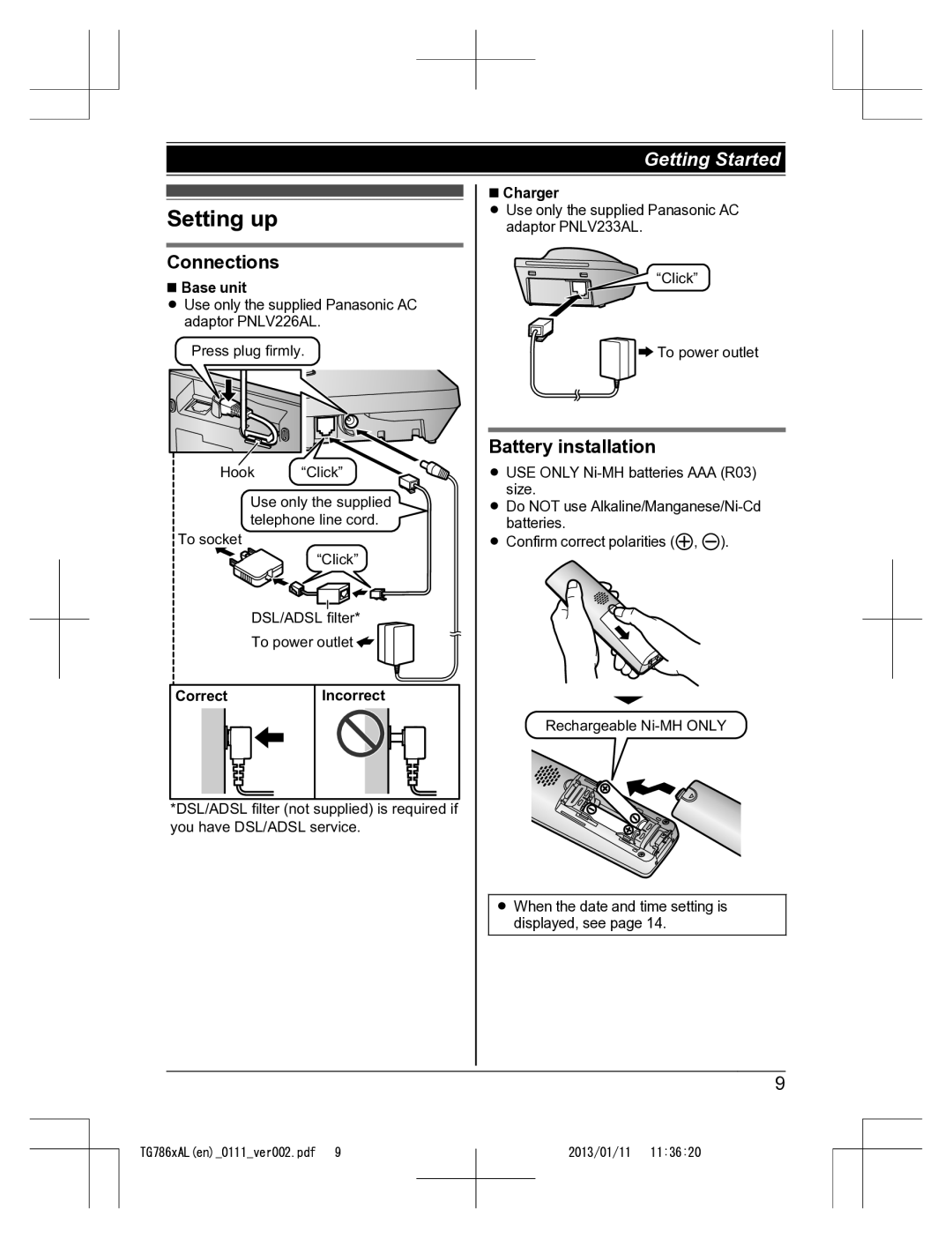 Panasonic KT-TG7861AL operating instructions Setting up, Connections, Battery installation, Correct Incorrect Charger 