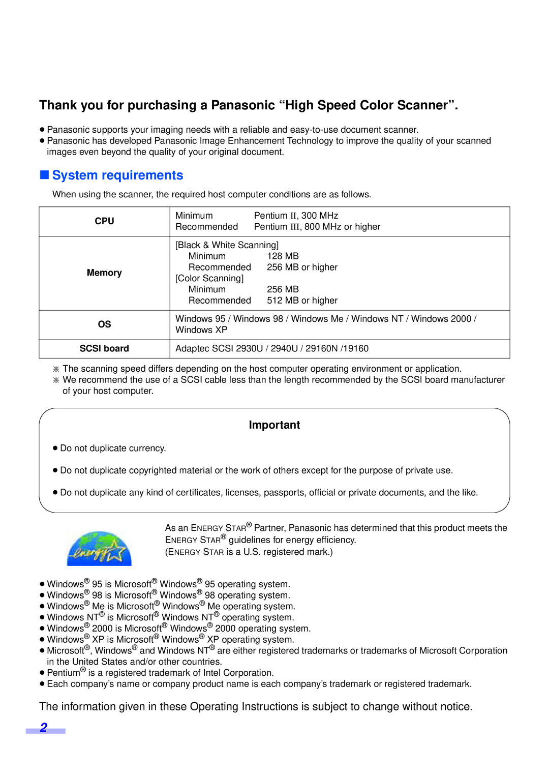 Panasonic KV-S2045CU, KV-S2025CU installation manual System requirements, Cpu 