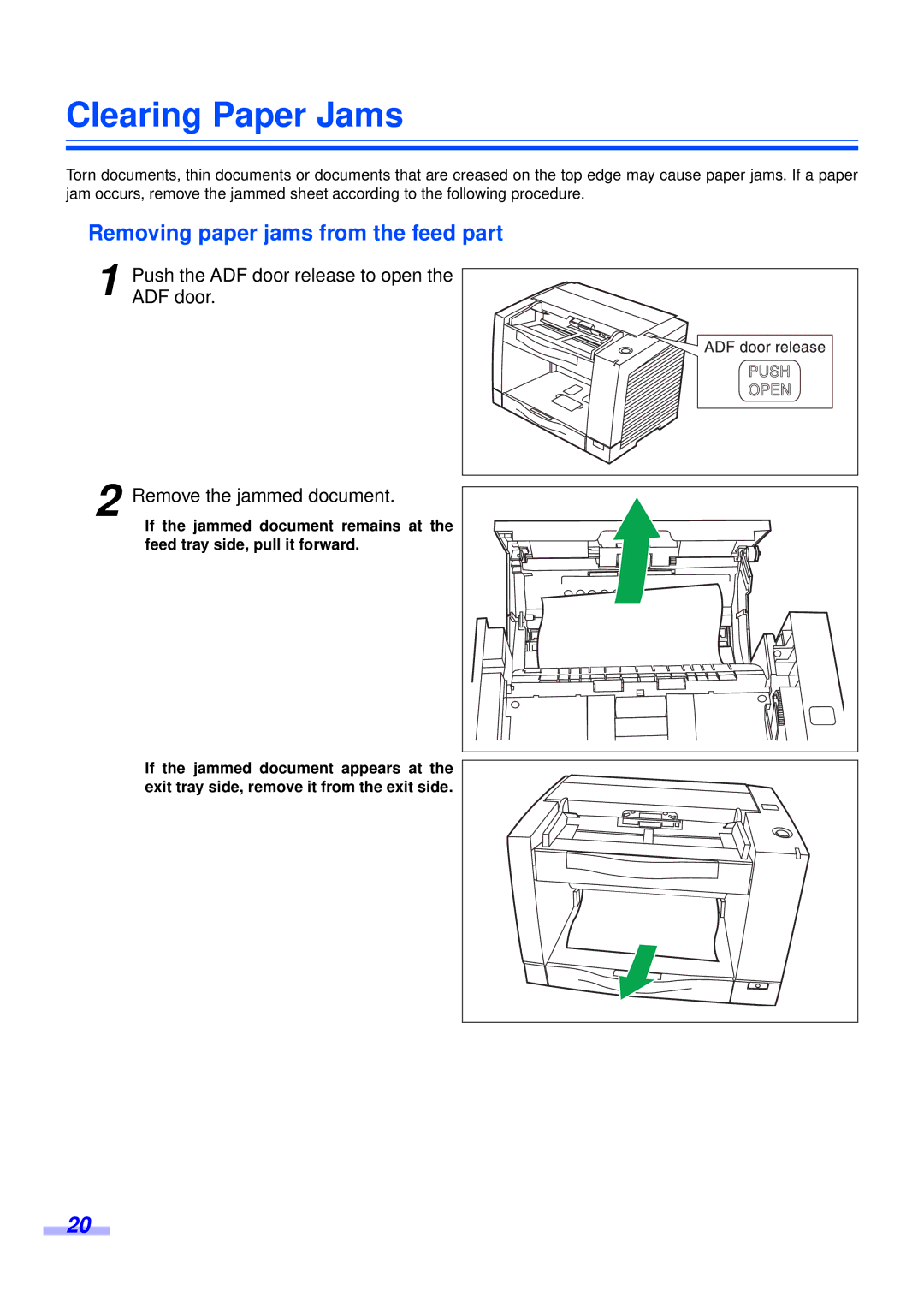 Panasonic KV-S2025CU, KV-S2045CU installation manual Clearing Paper Jams, Removing paper jams from the feed part 