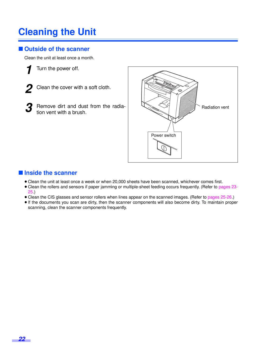 Panasonic KV-S2045CU, KV-S2025CU installation manual Cleaning the Unit, Outside of the scanner, Inside the scanner 