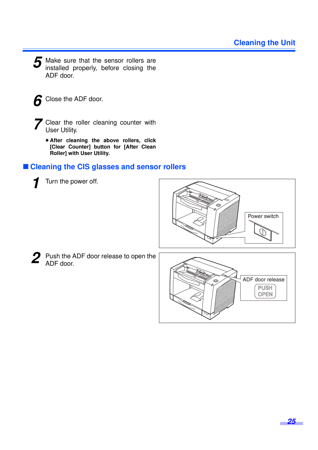 Panasonic KV-S2025CU, KV-S2045CU installation manual Cleaning the CIS glasses and sensor rollers 