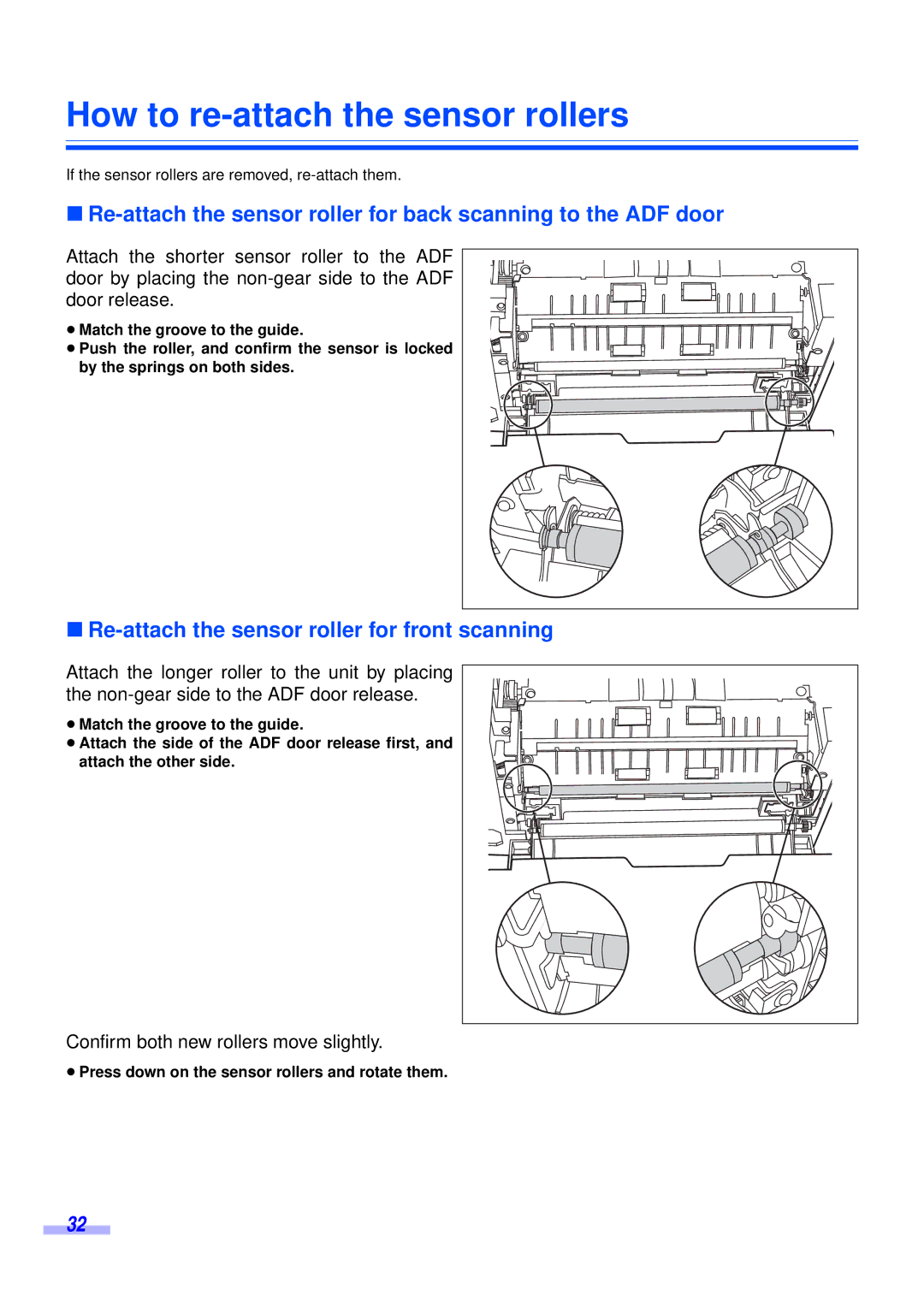 Panasonic KV-S2025CU, KV-S2045CU How to re-attach the sensor rollers, Re-attach the sensor roller for front scanning 