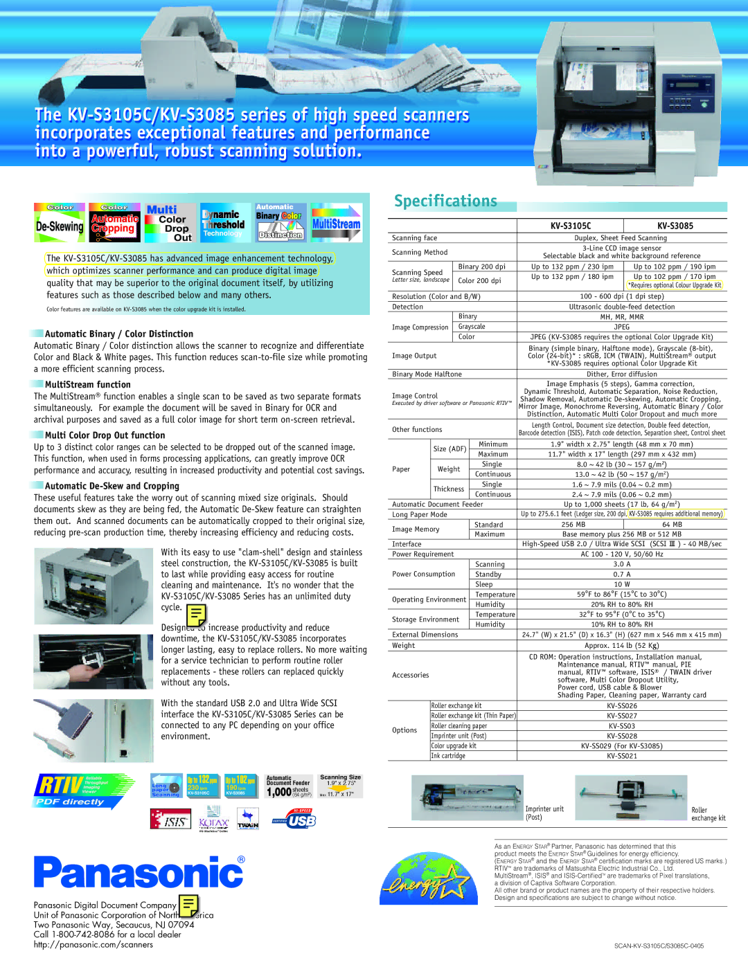 Panasonic KV-S3105C, KV-S3085 manual Specifications, Automatic Binary / Color Distinction, MultiStream function 