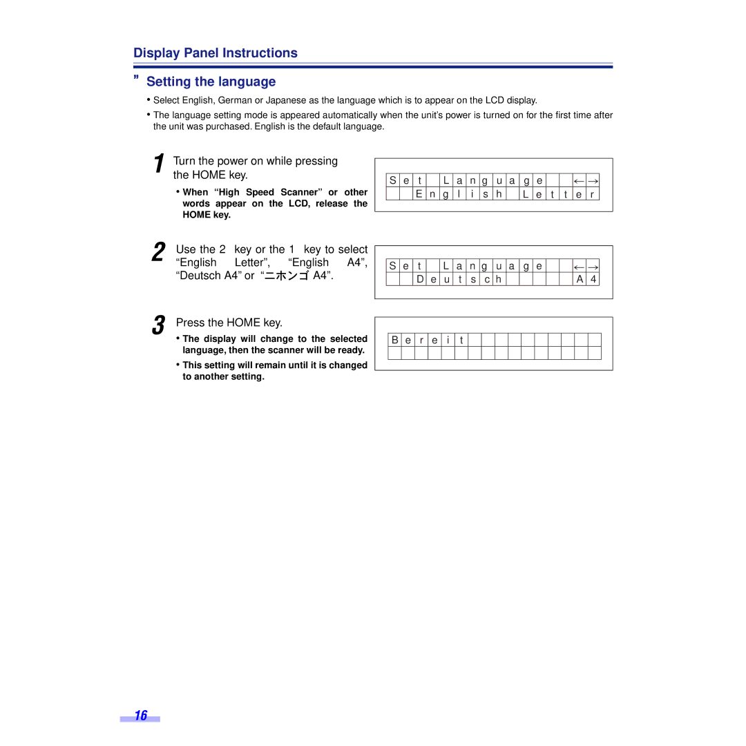 Panasonic KV-S6055WU Display Panel Instructions ºSetting the language, Turn the power on while pressing, Home key 