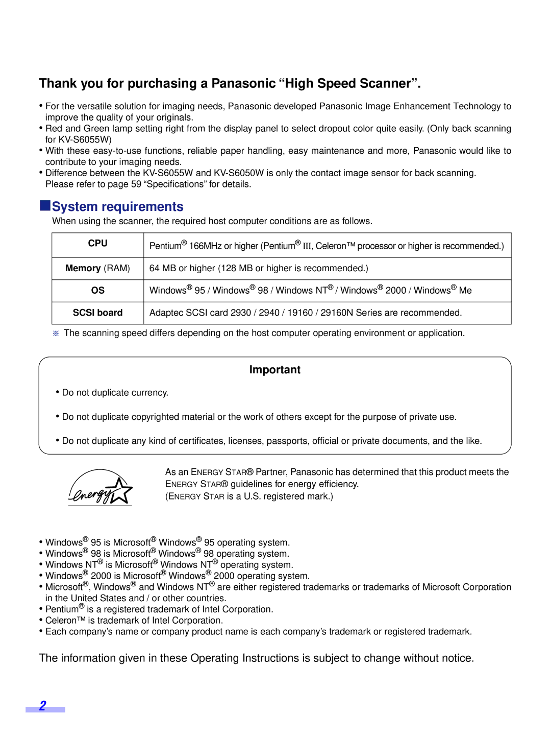 Panasonic KV-S6050WU, KV-S6055WU installation manual ºSystem requirements, Memory RAM, Scsi board 