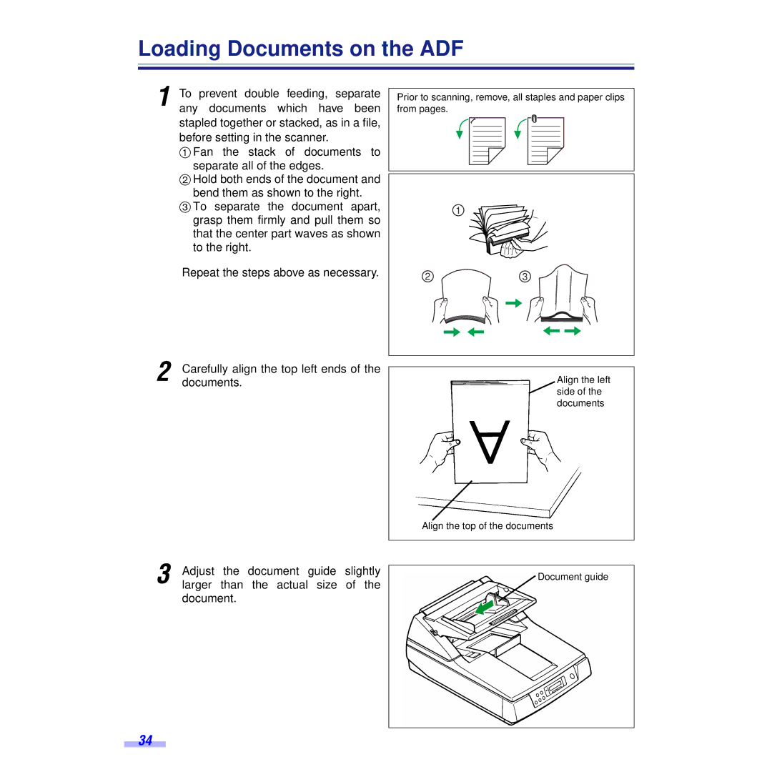 Panasonic KV-S6050WU, KV-S6055WU installation manual Loading Documents on the ADF, Carefully align the top left ends 