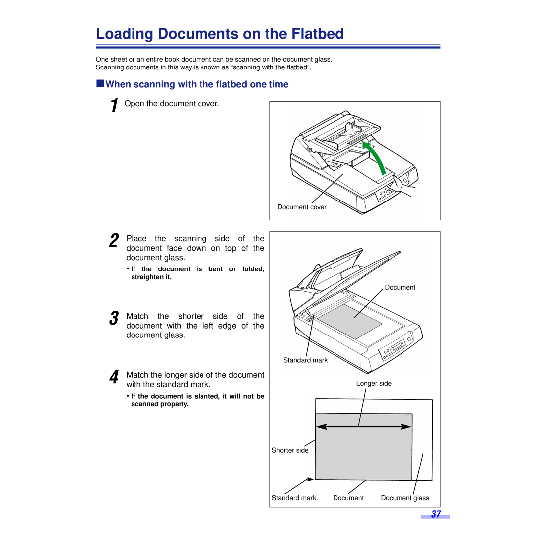 Panasonic KV-S6055W Loading Documents on the Flatbed, ºWhen scanning with the flatbed one time, Open the document cover 