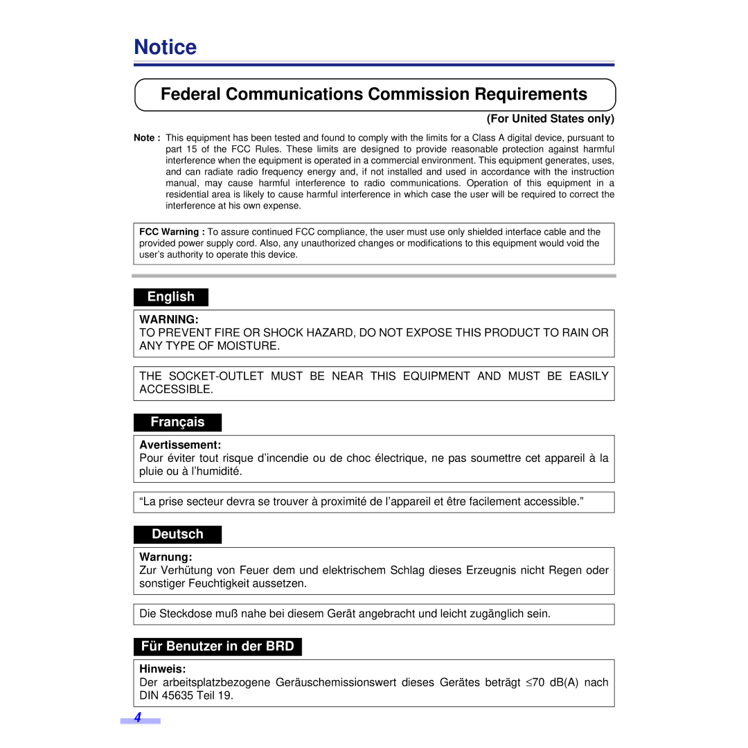 Panasonic KV-S6055WU, KV-S6050WU installation manual For United States only, Avertissement, Warnung, Hinweis 