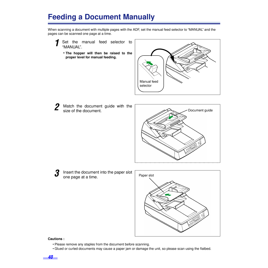 Panasonic KV-S6055WU, KV-S6050WU Feeding a Document Manually, Set the manual feed selector to Manual, One page at a time 