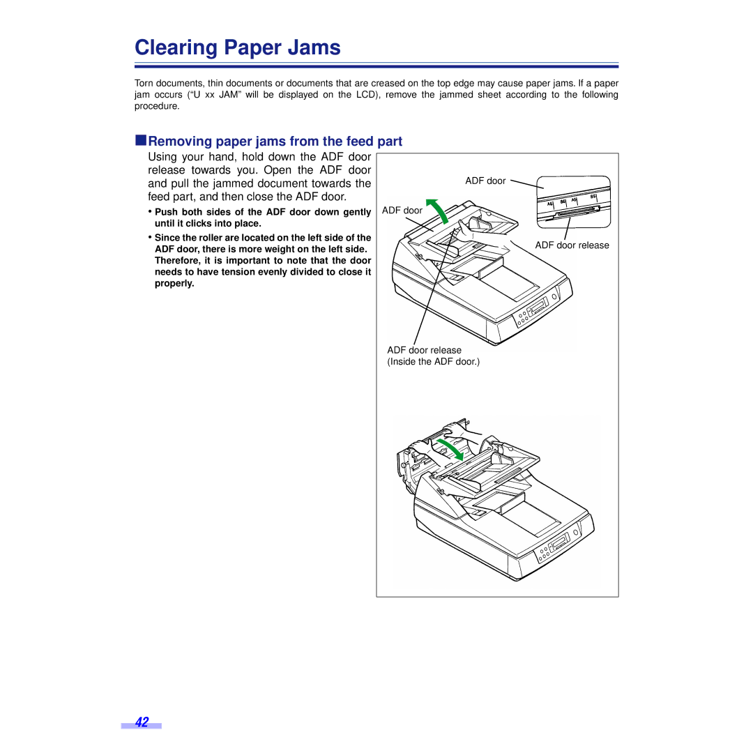 Panasonic KV-S6050WU, KV-S6055WU installation manual Clearing Paper Jams, ºRemoving paper jams from the feed part 