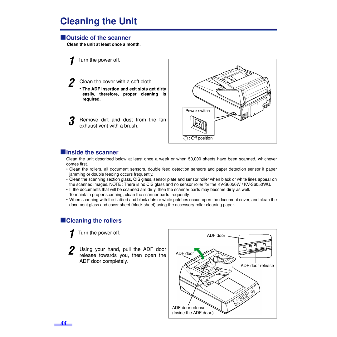 Panasonic KV-S6055WU, KV-S6050WU Cleaning the Unit, ºOutside of the scanner, ºInside the scanner, ºCleaning the rollers 