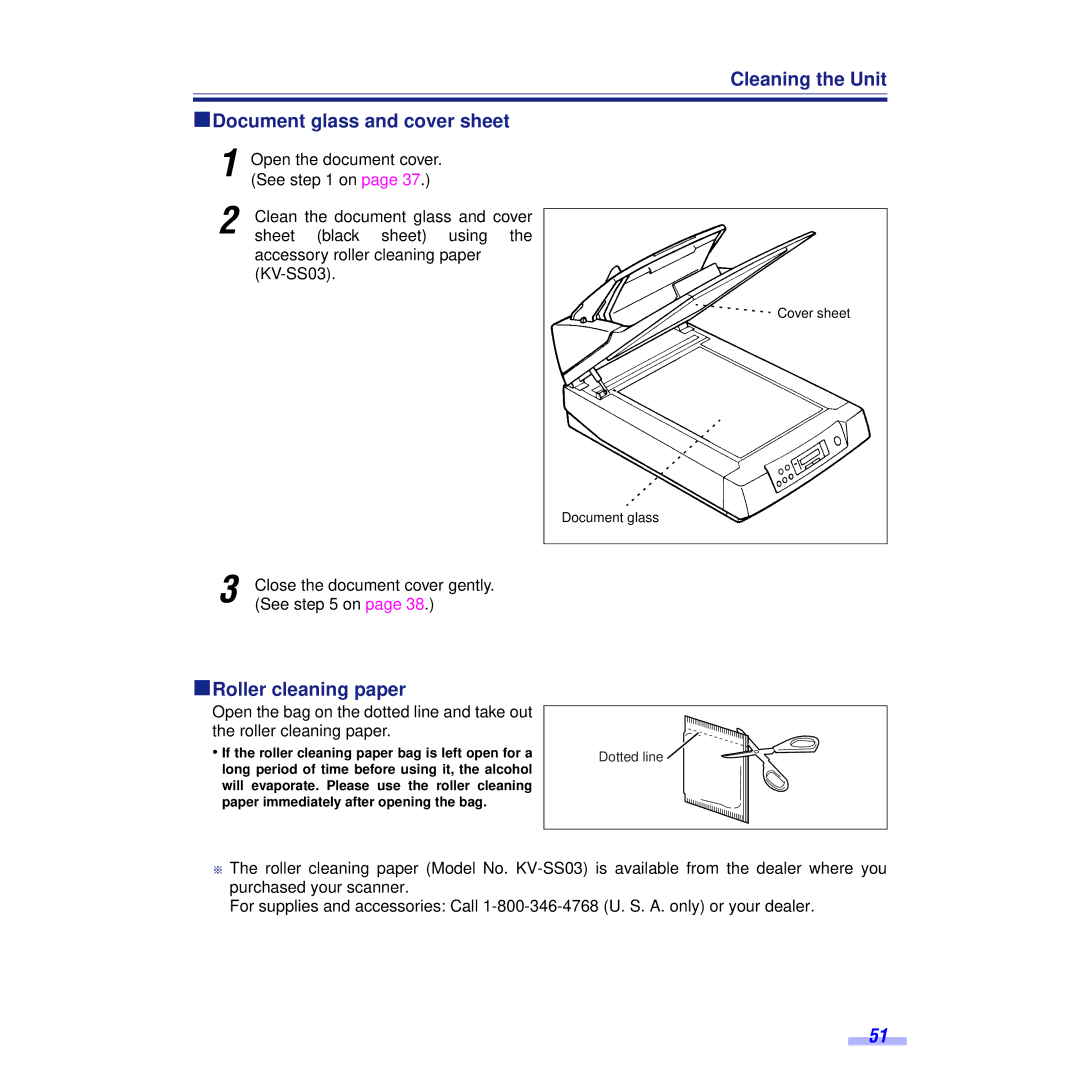 Panasonic KV-S6050W, KV-S6055WU Cleaning the Unit ºDocument glass and cover sheet, ºRoller cleaning paper, See on 