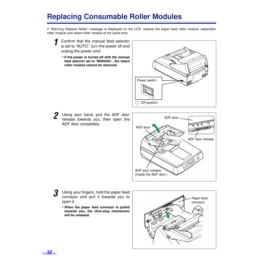 Panasonic KV-S6055WU, KV-S6050WU Replacing Consumable Roller Modules, Using your ﬁngers, hold the paper feed, Open it 