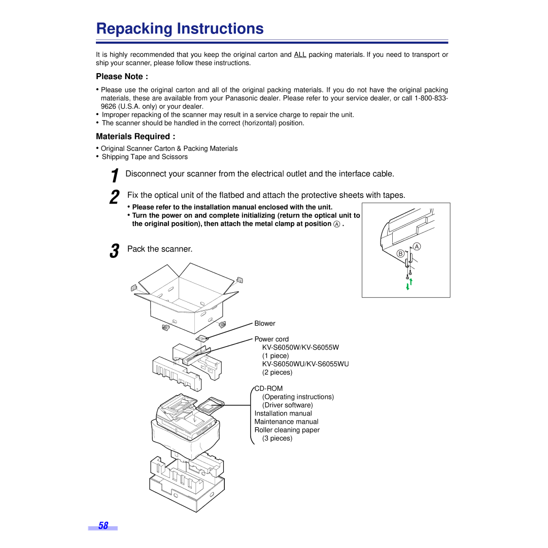 Panasonic KV-S6050WU, KV-S6055WU Repacking Instructions, Please Note, Materials Required, Pack the scanner 