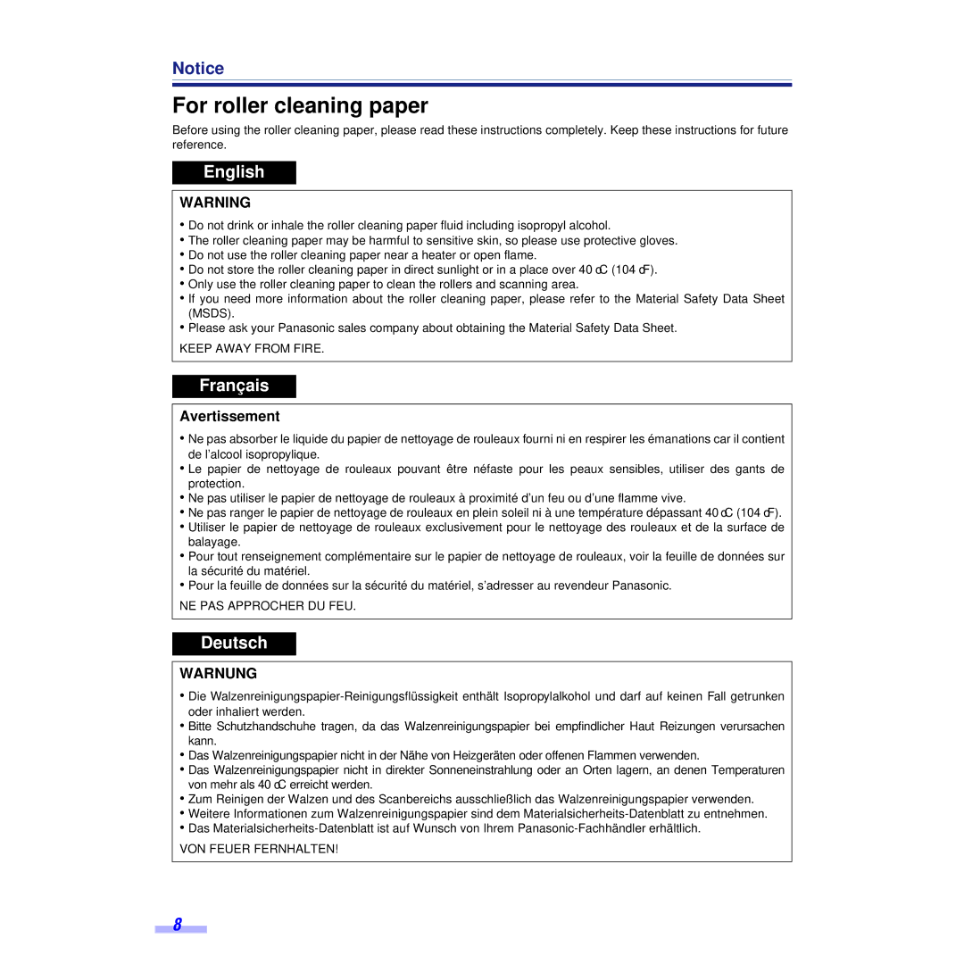 Panasonic KV-S6055WU, KV-S6050WU installation manual For roller cleaning paper 