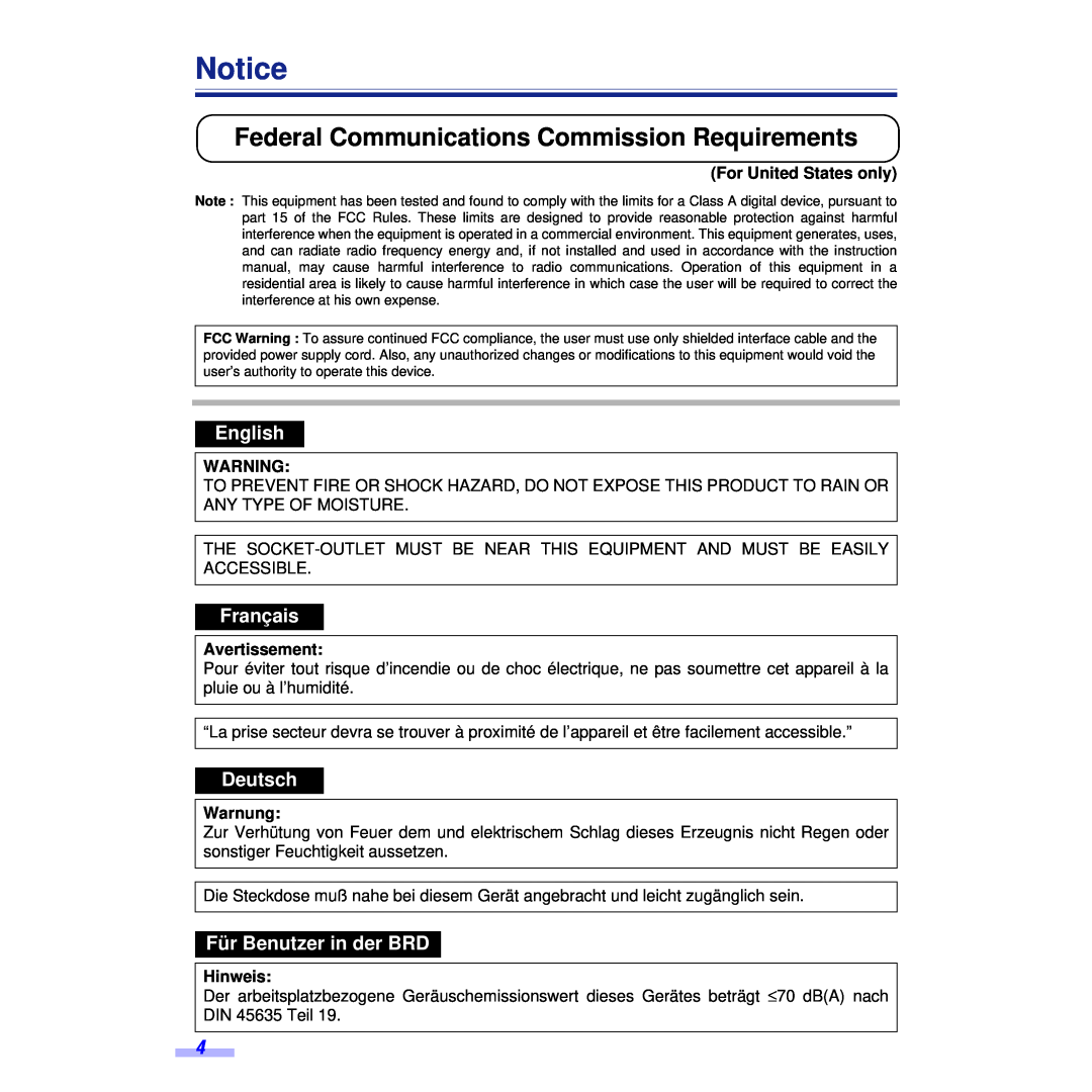 Panasonic KV-S6055WU Federal Communications Commission Requirements, English, Français, Deutsch, Für Benutzer in der BRD 