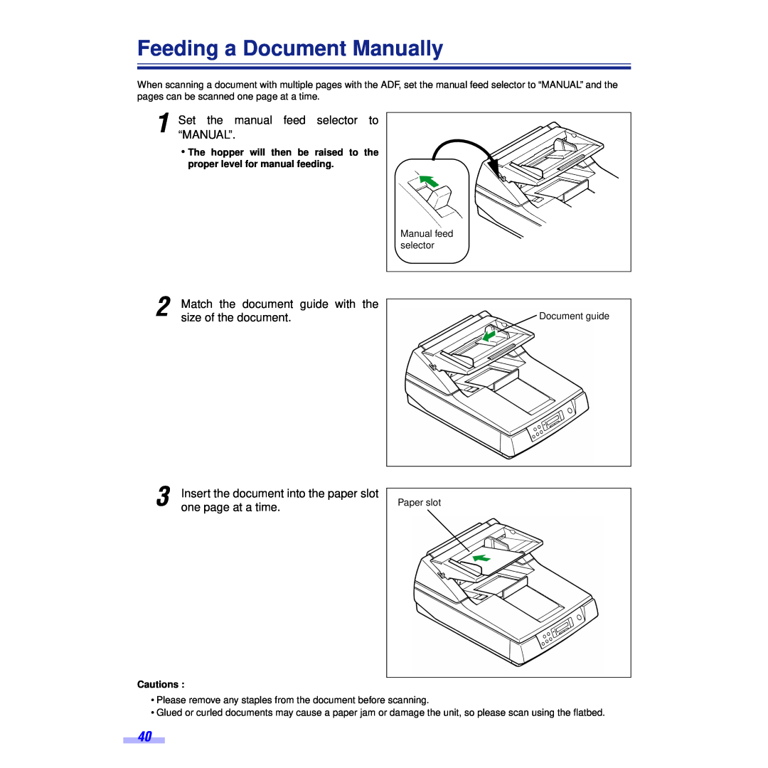Panasonic KV-S6055WU, KV-S6050WU Feeding a Document Manually, Set the manual feed selector to “MANUAL”, one page at a time 
