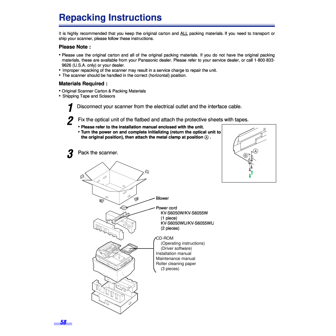Panasonic KV-S6050WU, KV-S6055WU installation manual Repacking Instructions, Please Note, Materials Required 