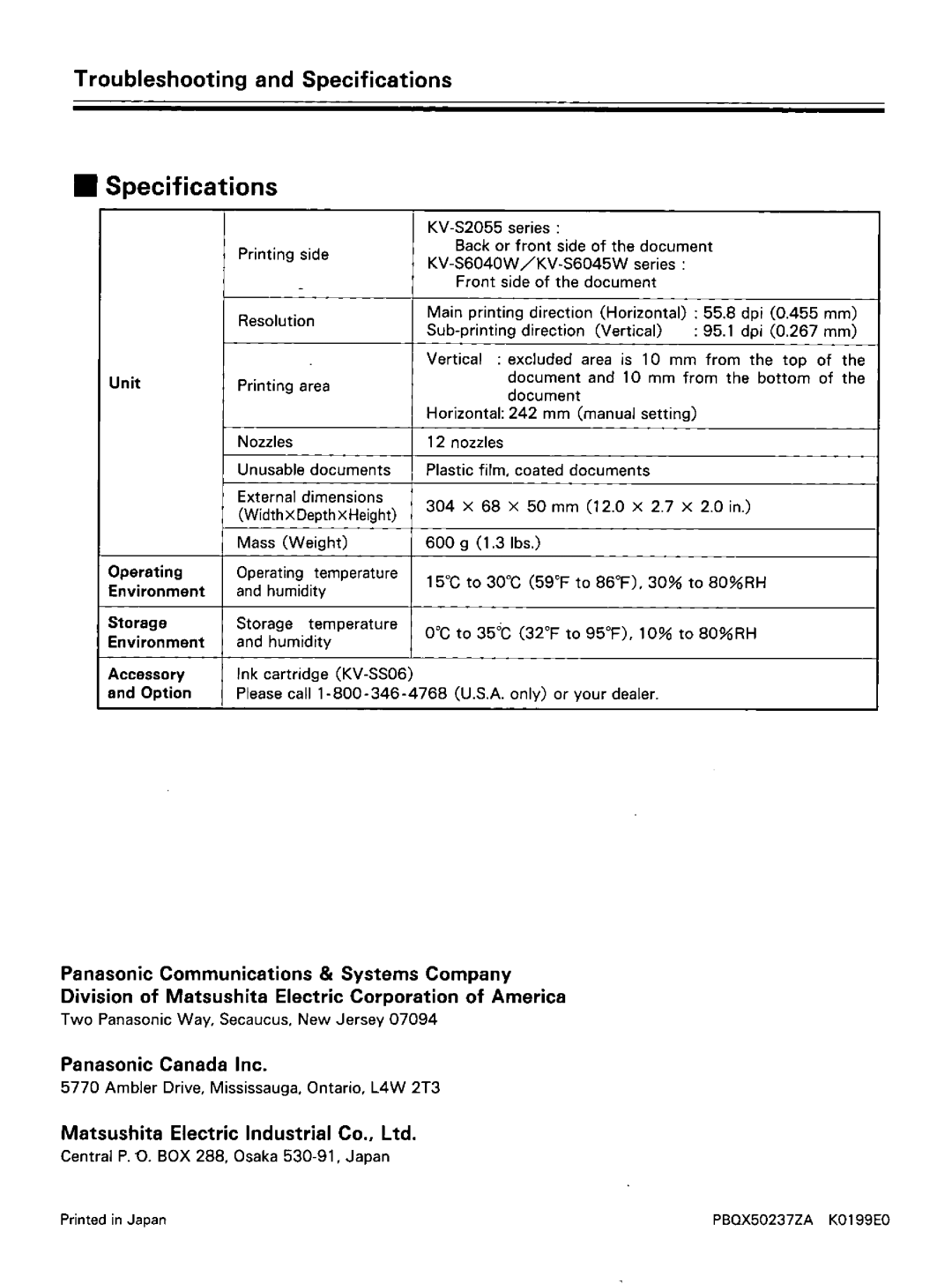 Panasonic KV-SS010 manual 