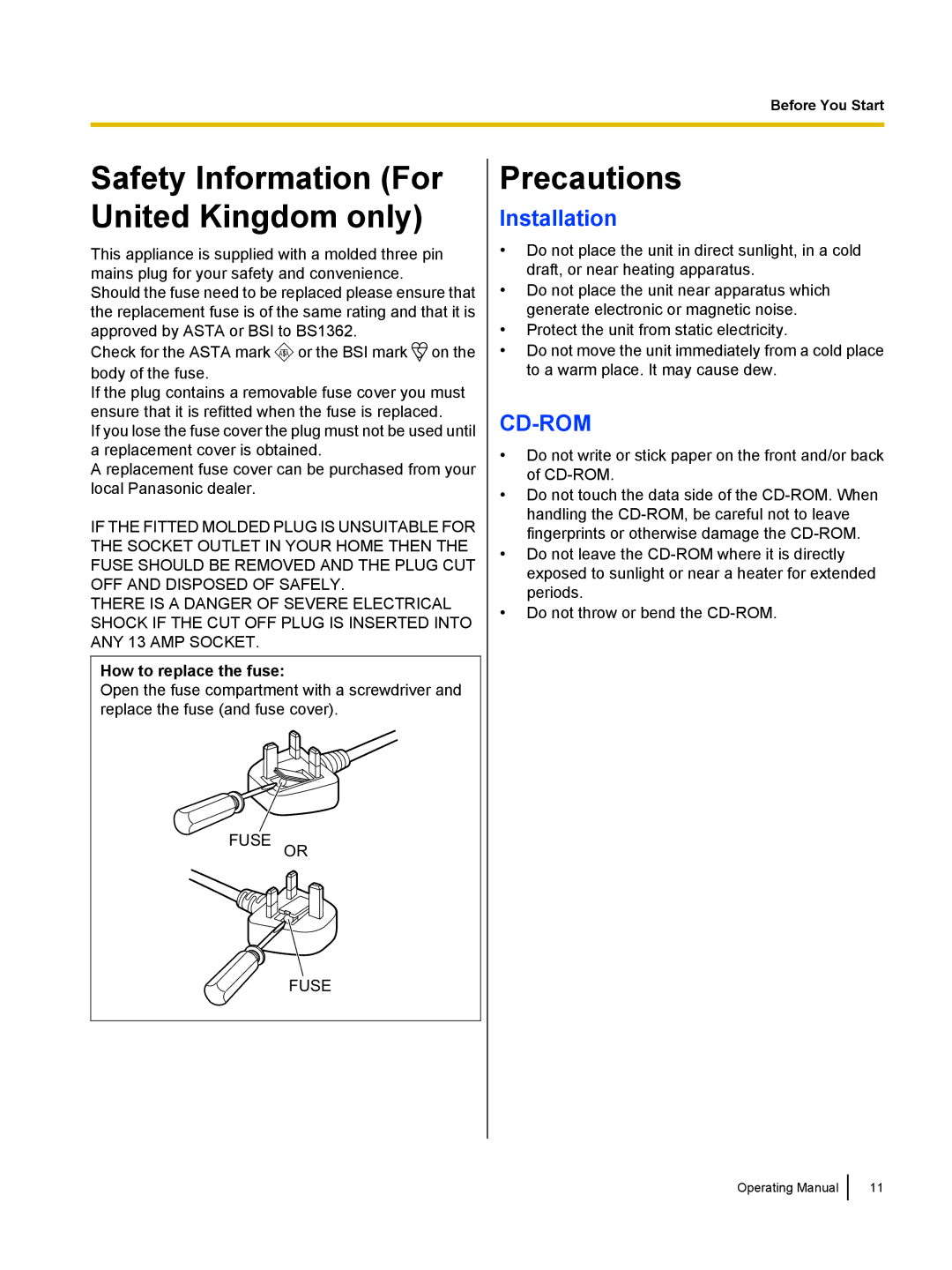 Panasonic KC-S1026C, KVS1015C manual Precautions, Installation, How to replace the fuse 