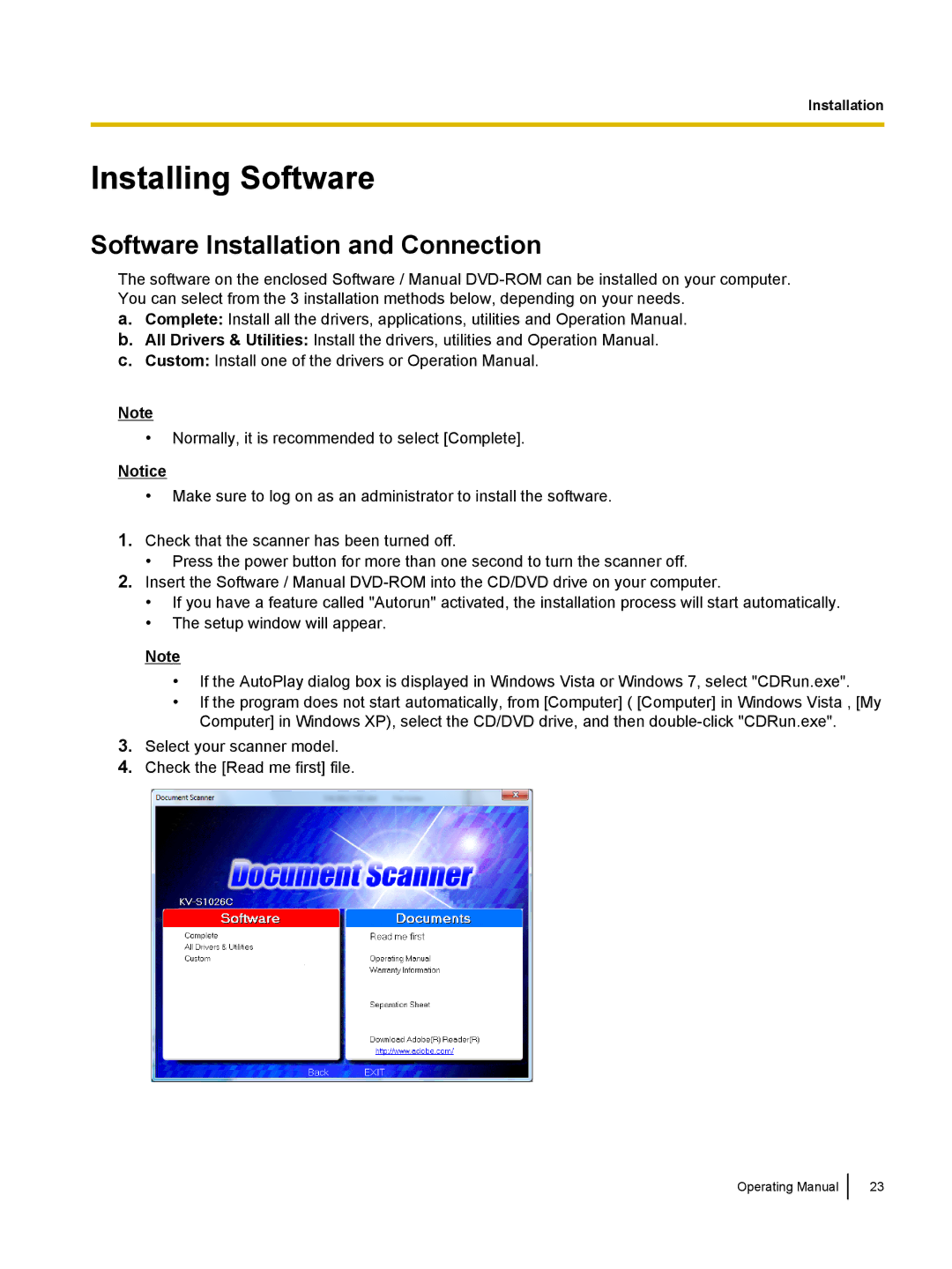 Panasonic KC-S1026C, KVS1015C manual Installing Software, Software Installation and Connection 