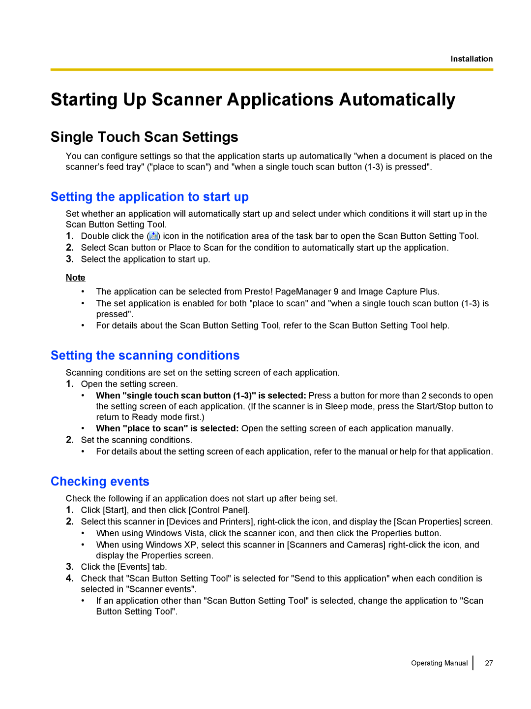 Panasonic KC-S1026C, KVS1015C Starting Up Scanner Applications Automatically, Single Touch Scan Settings, Checking events 