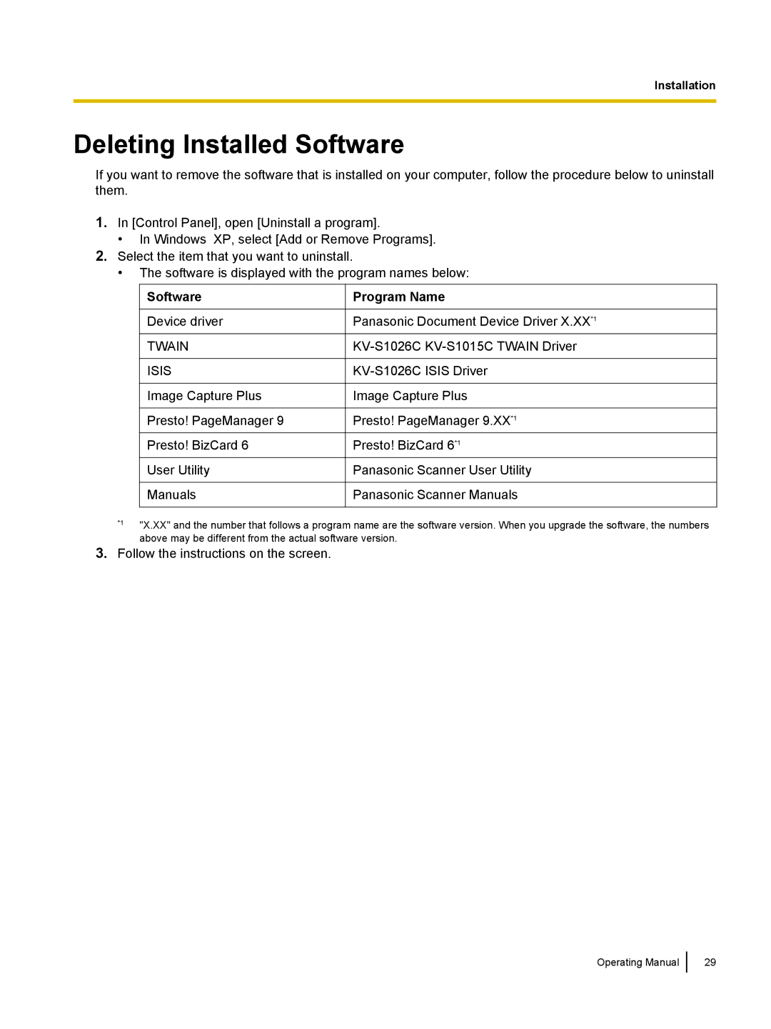 Panasonic KC-S1026C, KVS1015C manual Deleting Installed Software, Program Name 