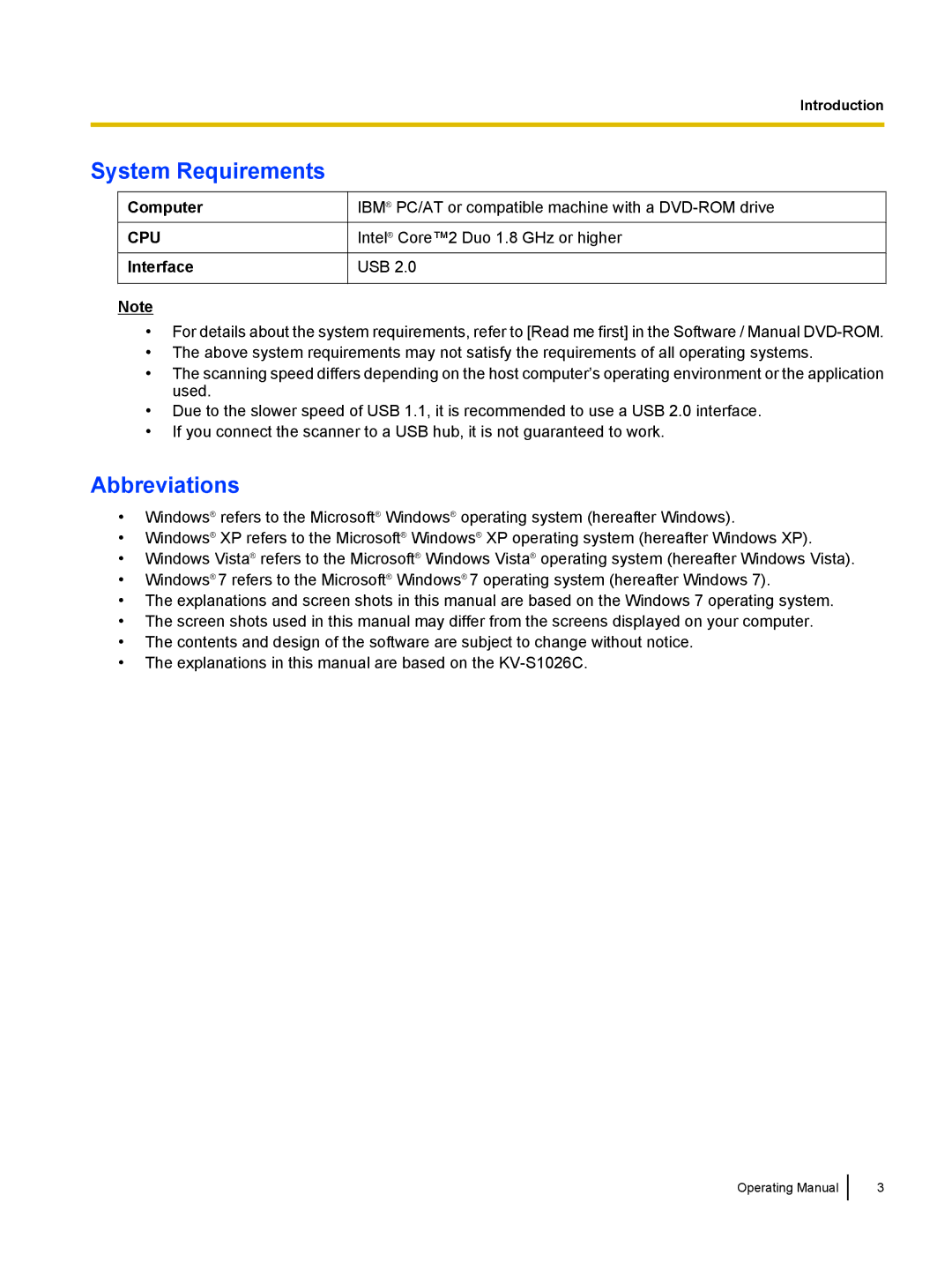 Panasonic KC-S1026C, KVS1015C manual System Requirements, Abbreviations, Computer, Interface 