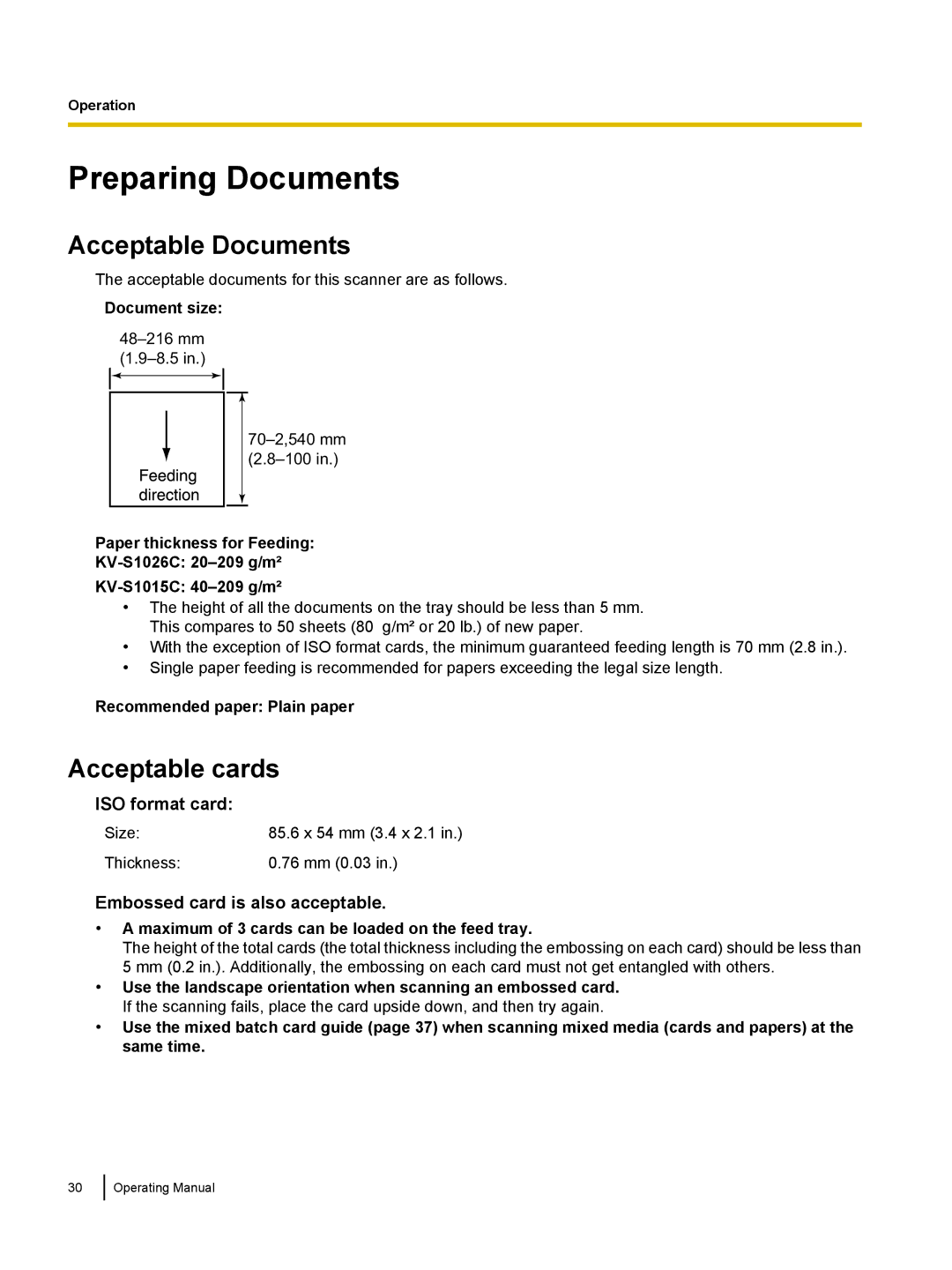 Panasonic KVS1015C, KC-S1026C manual Preparing Documents, Acceptable Documents, Acceptable cards 