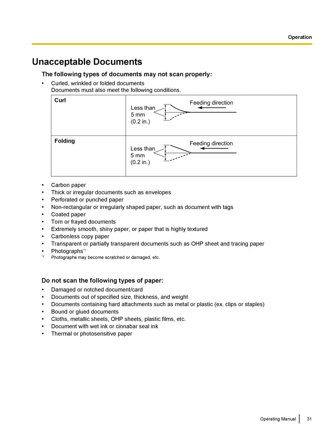 Panasonic KC-S1026C, KVS1015C manual Unacceptable Documents, Curl, Folding 