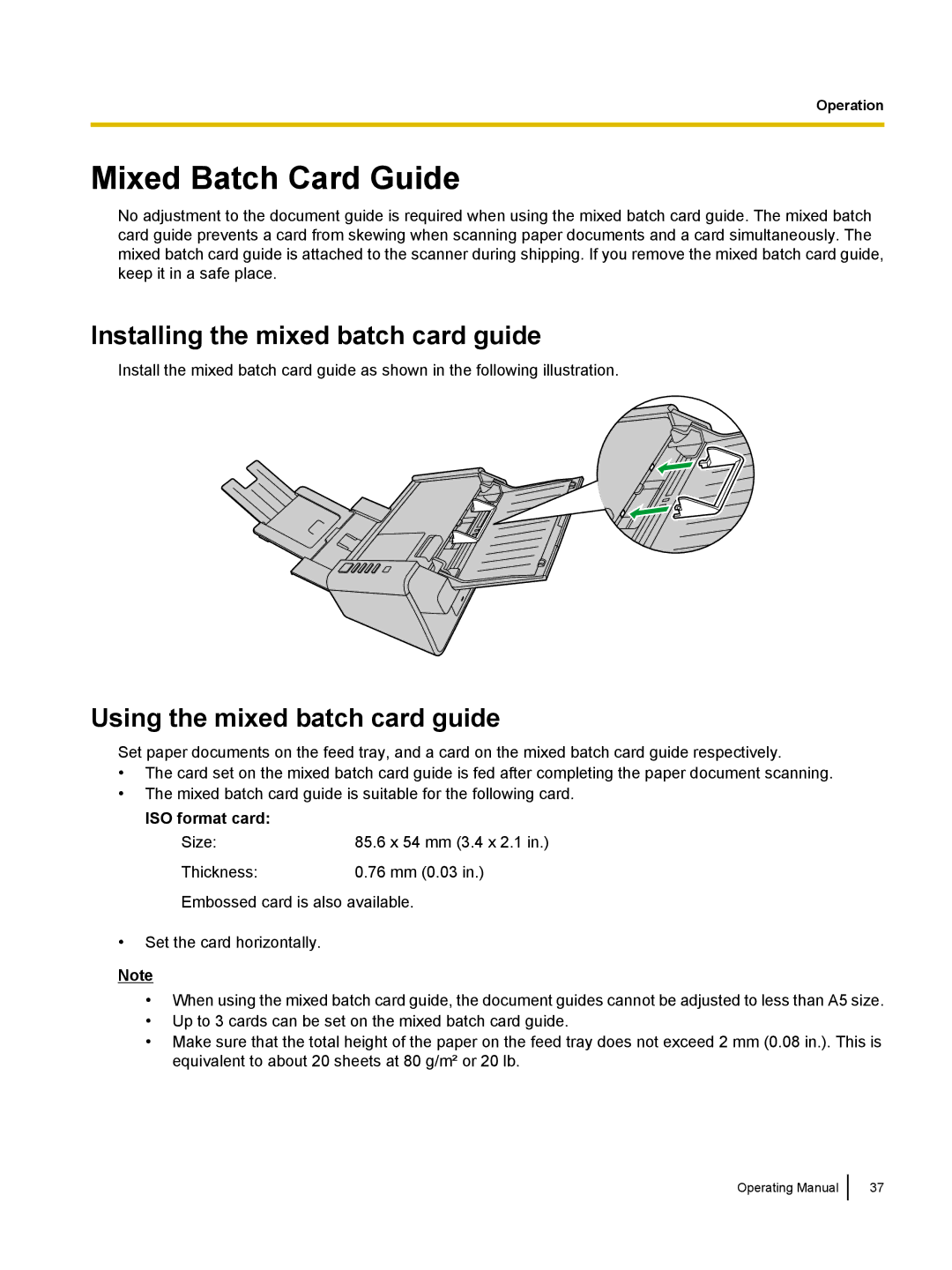 Panasonic KC-S1026C manual Mixed Batch Card Guide, Installing the mixed batch card guide, Using the mixed batch card guide 