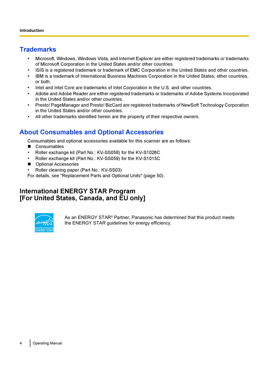 Panasonic KVS1015C, KC-S1026C manual Trademarks, About Consumables and Optional Accessories 