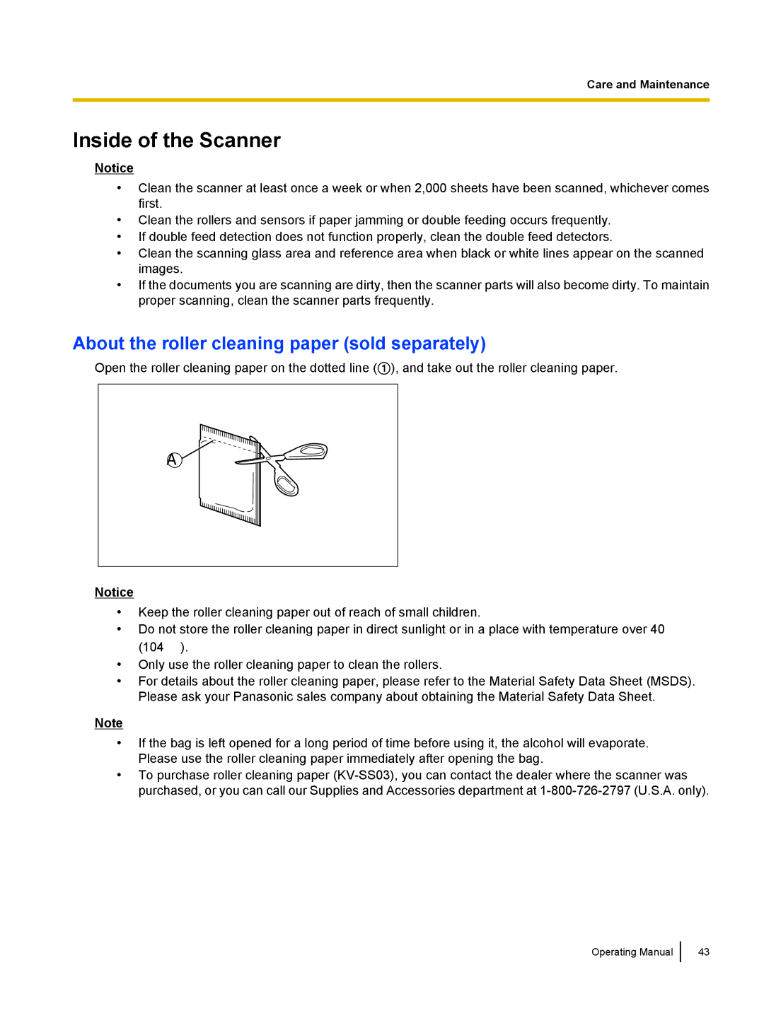 Panasonic KC-S1026C, KVS1015C manual Inside of the Scanner, About the roller cleaning paper sold separately 