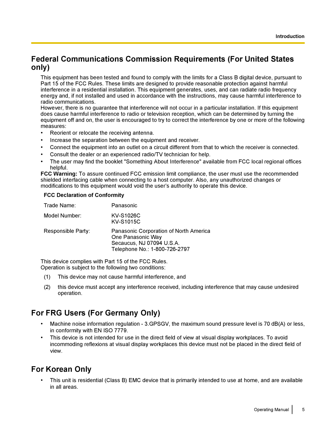 Panasonic KC-S1026C, KVS1015C manual For FRG Users For Germany Only, FCC Declaration of Conformity 