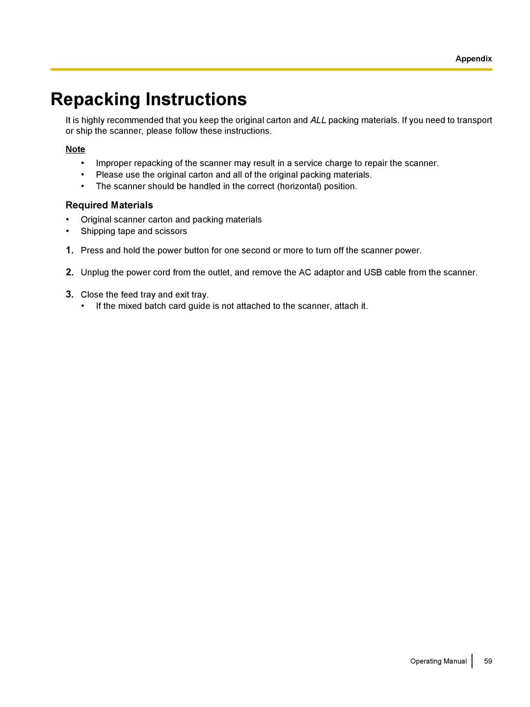 Panasonic KC-S1026C, KVS1015C manual Repacking Instructions, Required Materials 