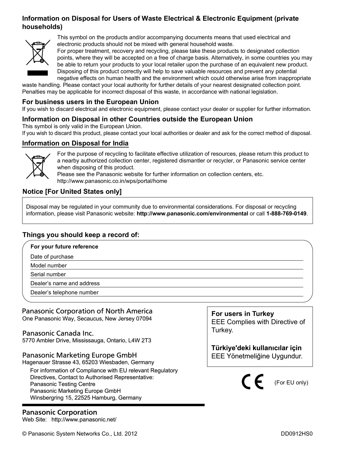 Panasonic KVS1015C, KC-S1026C manual For business users in the European Union, For your future reference 