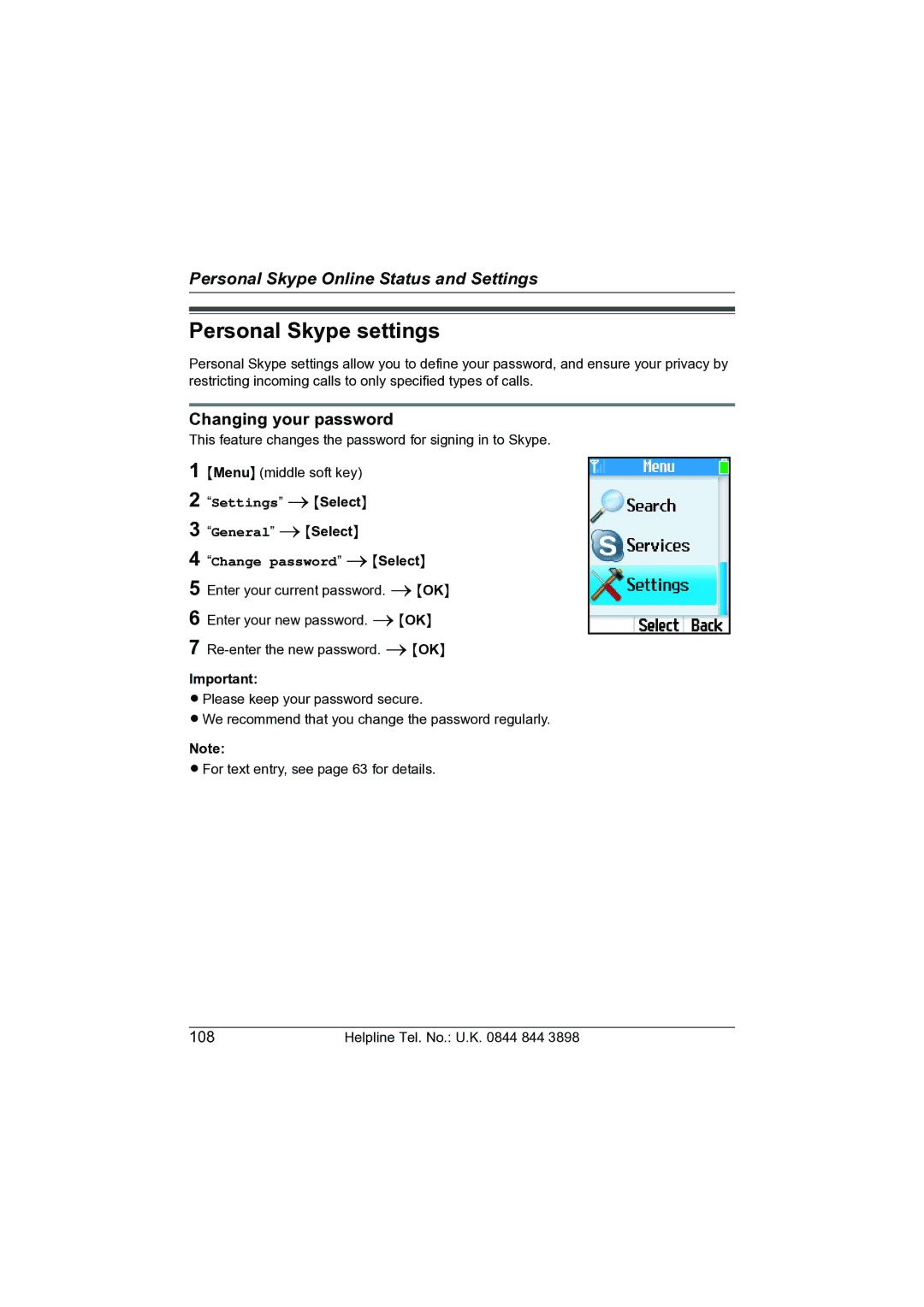 Panasonic KW-WP1050E operating instructions Personal Skype settings, Changing your password 