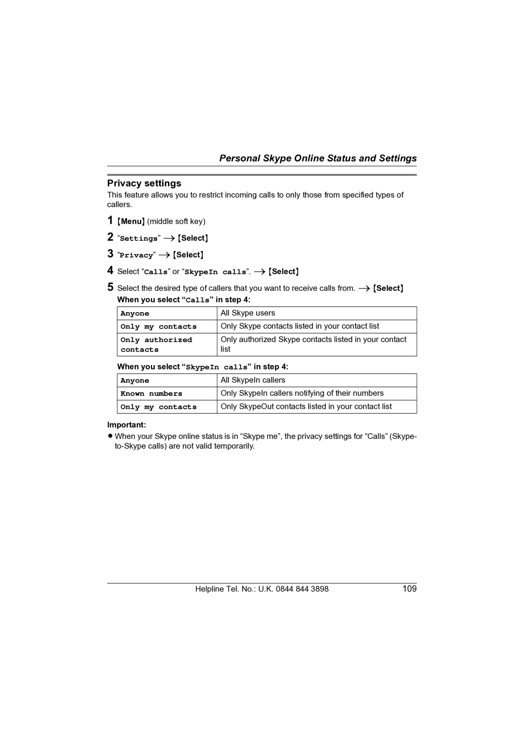 Panasonic KW-WP1050E operating instructions Privacy settings 